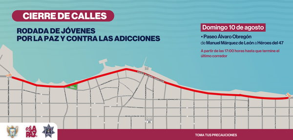 Cierre vial en el malecón para este fin de semana por la rodada y carrera de jóvenes por la paz y contra las adicciones.