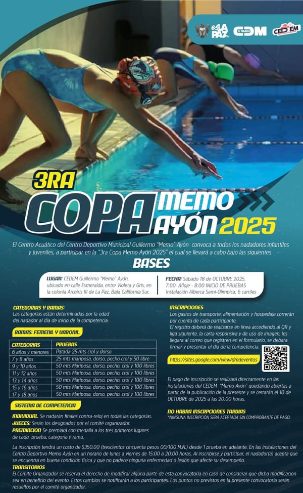 Invita Ayuntamiento de La Paz a participar en la 3ra Copa de natación “Memo” Ayón 2025