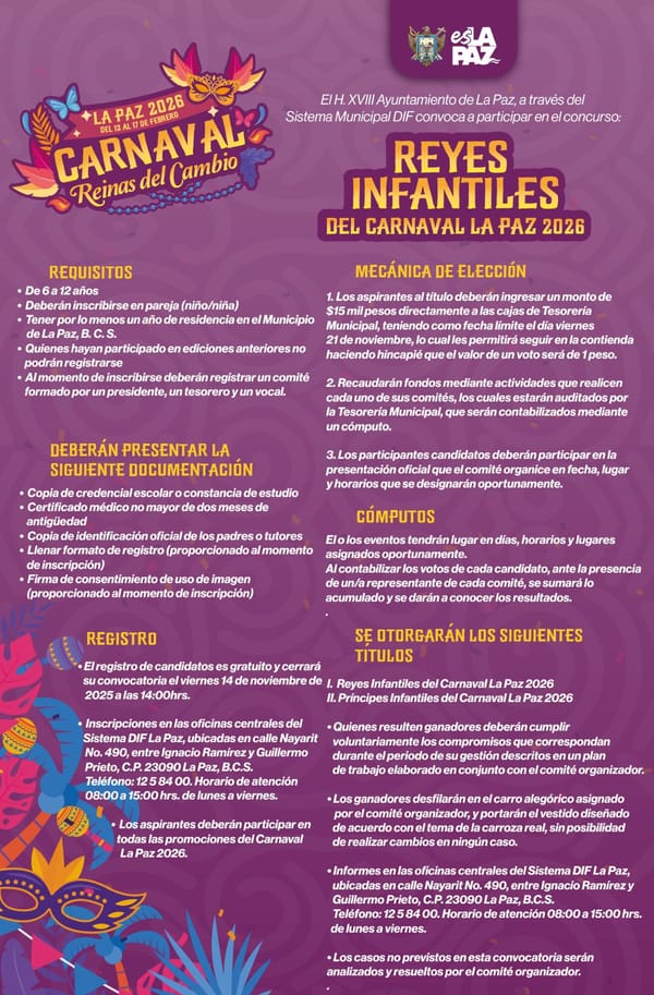 Invita DIF La Paz a participar en la convocatoria de Reyes Infantiles y de la Tercera Edad del Carnaval 2026