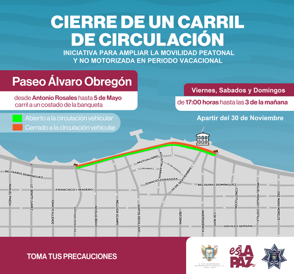 Implementarán cierre de un carril de circulación del Paseo Álvaro Obregón
