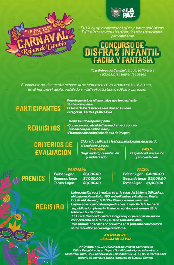 Invita DIF Municipal al Concurso de Disfraz Infantil del Carnaval La Paz 2026