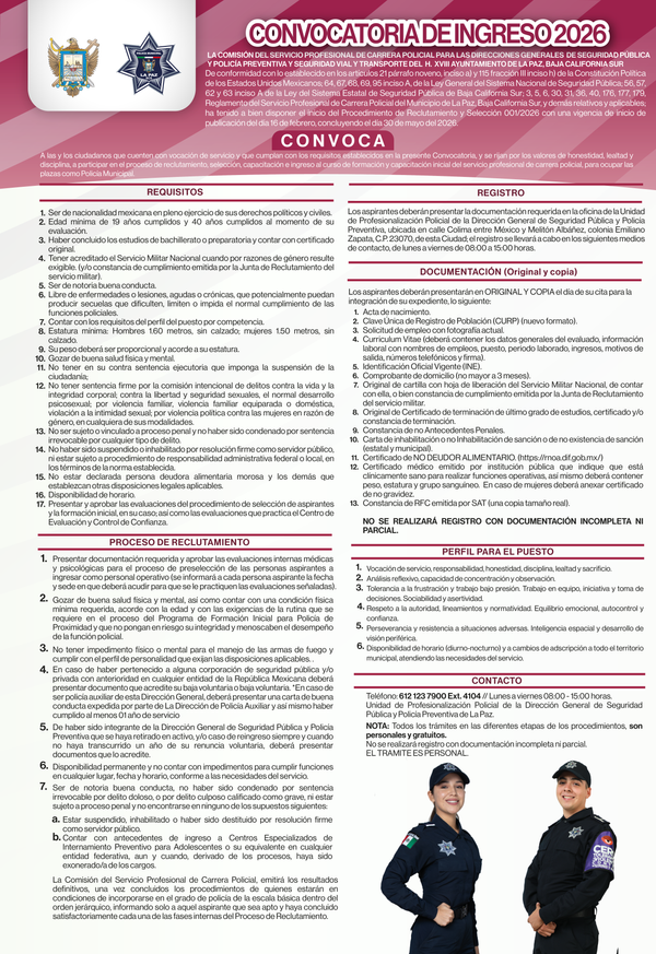 Abre Policía Municipal de La Paz Convocatoria de Ingreso 2026
