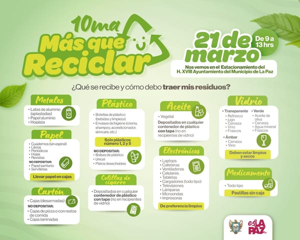 Ayuntamiento de La Paz invita a la 10ma edición de la jornada de acopio “Más que Reciclar”