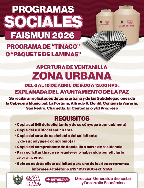 Abrirá Ayuntamiento de La Paz ventanilla para solicitud de tinacos y láminas