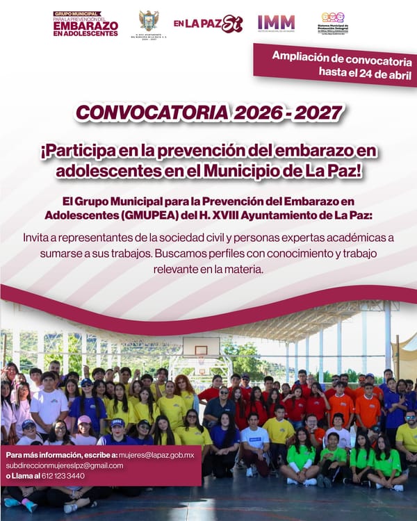 Amplía IMM La Paz convocatoria para vocalías del Grupo Municipal para la Prevención del Embarazo en Adolescentes (GMUPEA)