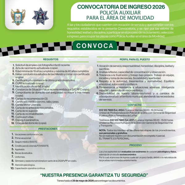 Continúa abierta Convocatoria de Ingreso a la Policía Auxiliar en el área de Movilidad